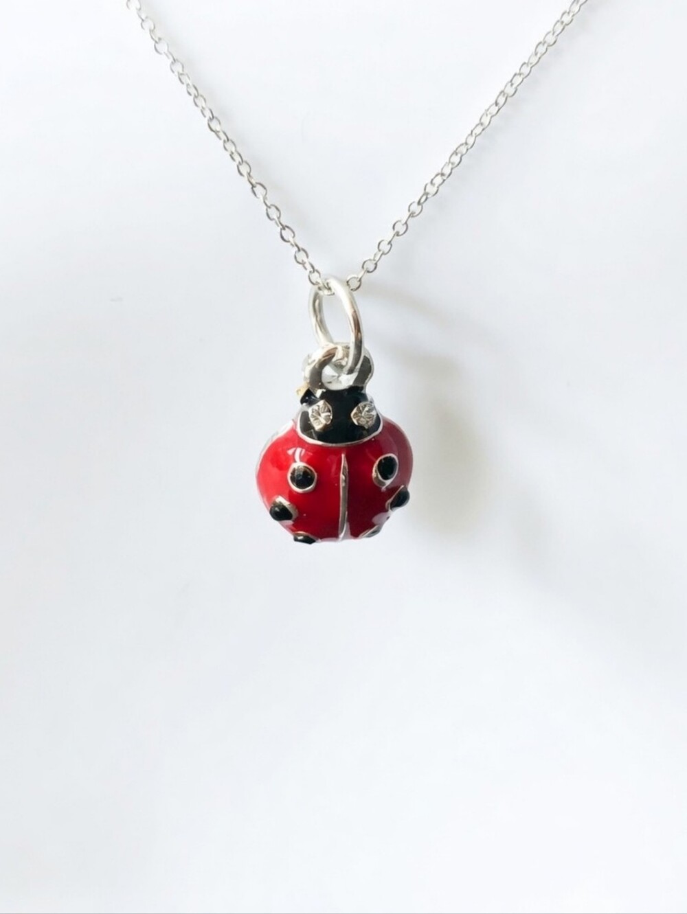Silver Tone Red Ladybug Layering Pendant Necklace Dainty 16-18" Adjustable Chain